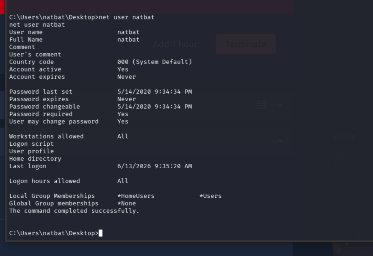 net user natbat showing account details and group memberships